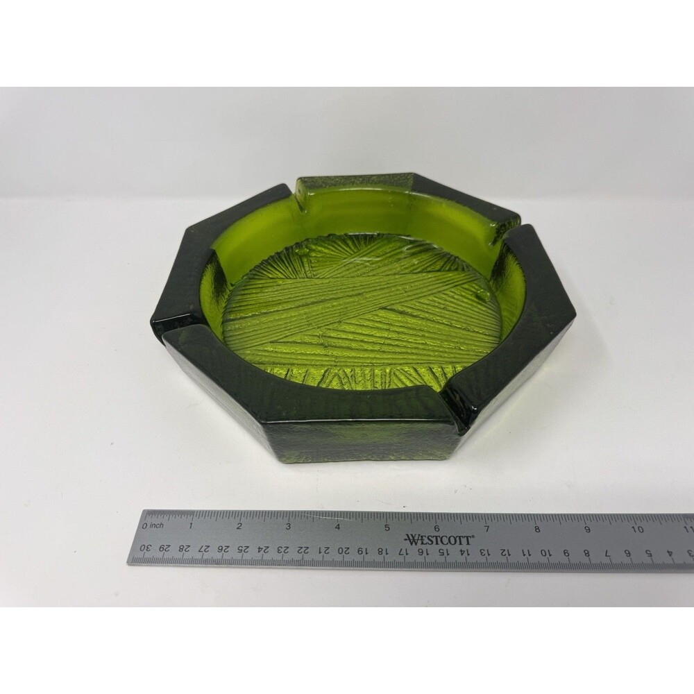 MCM Vintage Green Glass Ashtray Geometric Textured 10” Hexagon